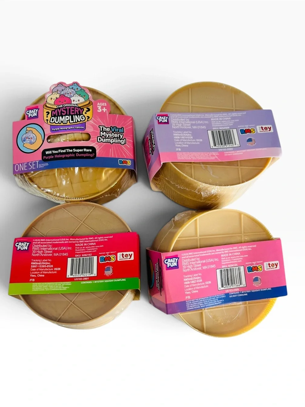 RMS Crazy Fun Mystery Dumpling Scented Pink Purple Holographic Squishy 4 Lot NEW
